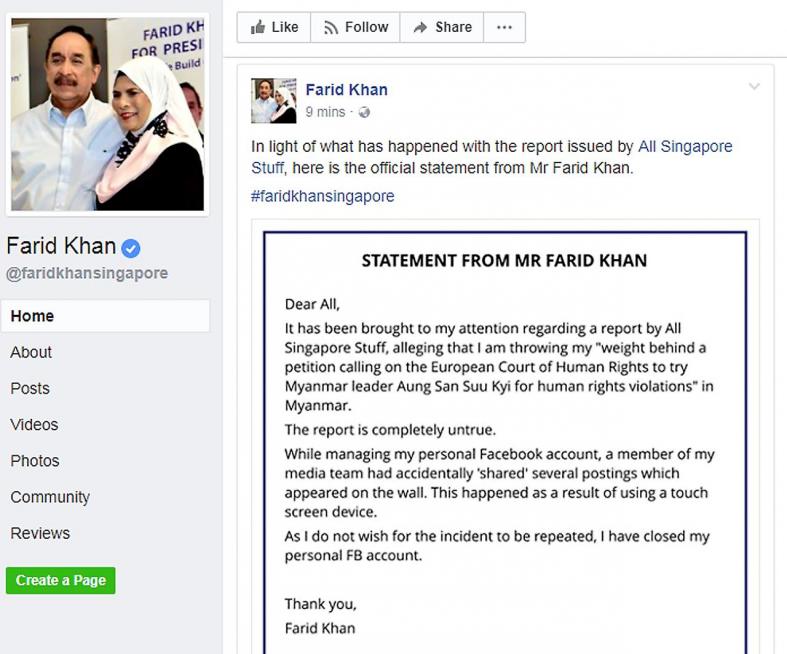 Presidential hopeful Farid Khan shuts Facebook page after gaffe