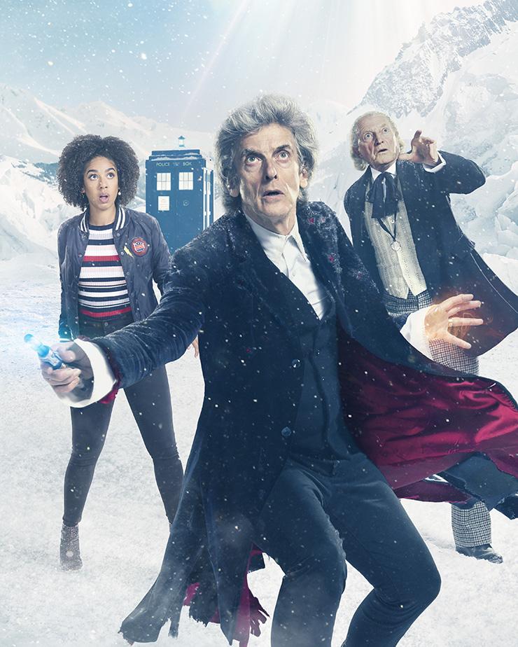 Pearl Mackie as Bill, Peter Capaldi as The Doctor and David Bradley as The Doctor in Twice Upon A Time