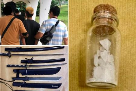 Duo climbed to roof of shophouse to escape CNB raid in Geylang, leaving behind drugs and samurai swords