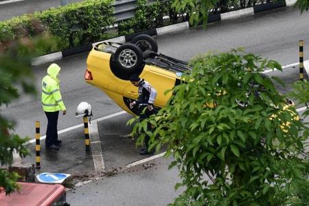Man taken to hospital after car overturns in slip road in Toa Payoh