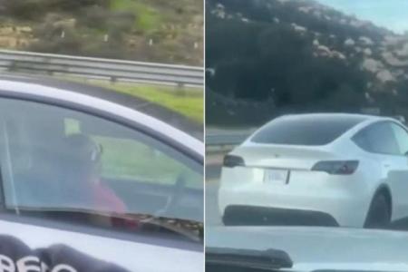 Tesla driver appearing asleep while cruising on California highway