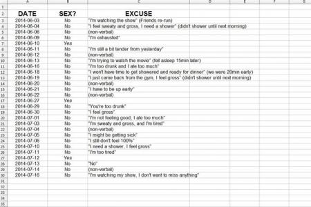 Don't try this at home: Man sends wife spreadsheet of all her excuses not to have sex