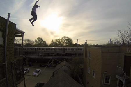 Ouch! Stuntman captures roof jump on camera