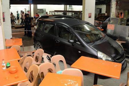 Coffeeshop patrons scramble out of the way as another car crashes into Geylang shop