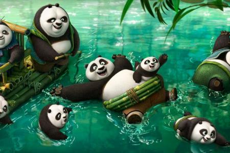 Kung Fu Panda 3: A whole panda family doing kung fu