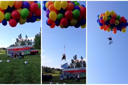 Man takes to the sky on lawn chair tied to 110 giant helium balloons