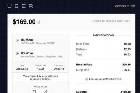 She pays $169 for 27-minute Uber ride from Beach Road to Ayer Rajah