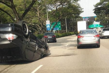 Cars overturn on ECP, Seletar West Link
