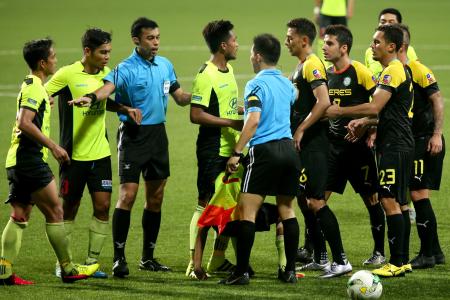 8 yellow cards, 1 red, 5 goals: Intense clash sees Tampines prevail