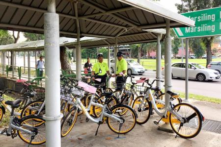 Shared bikes block path in Woodlands