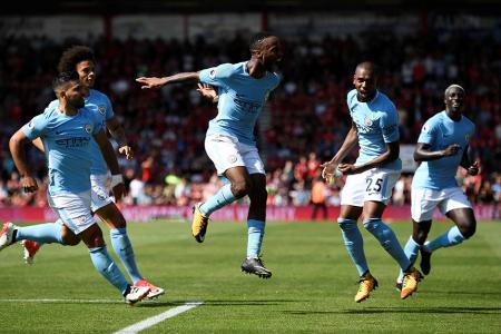 Manchester City&#039;s Raheem Sterling celebrates scoring their second goal