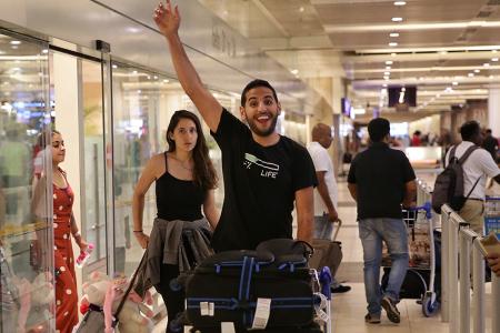 Nas Daily founder and travel vlogger Nuseir Yassin and his girlfriend Alyne Tamir arriving at Changi Airport Terminal 2 on 17 April 2019.