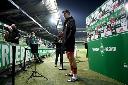 Bayer Leverkusen&#039;s Kai Havertz talks to the media after the match against Werder Bremen