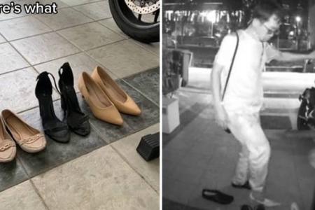 Man seen trying on women's shoes outside house, leaving a pair of heels there