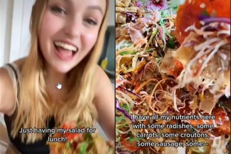 European woman tries ‘salad with croutons, sausage’