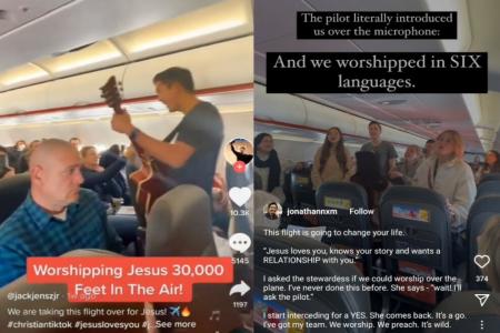 Singaporean man strums guitar and leads songs of worship onboard flight, not all are amused