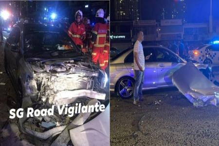 S'porean driver loses control of Mercedes, collides with four cars in Johor Bahru