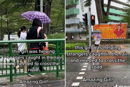 Girl with umbrella shelters pedestrians across the road in Boon Lay