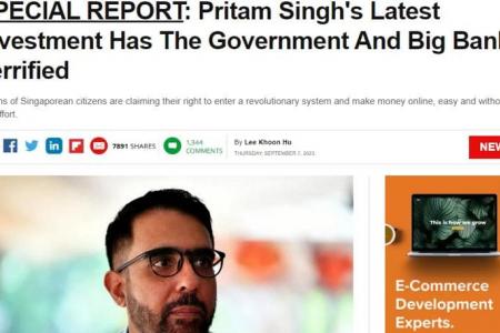 Online ad showing Pritam Singh’s image links to article endorsing trading platform