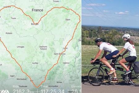 Father, daughter in France set world record after cycling over 2,000km to draw giant ‘heart’