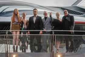 Director James Gunn (third from right) with actors (from left) Karen Gillan, Zoe Saldana, Chris Pratt, Pom Klementieff and Vin Diesel in Disneyland Paris.