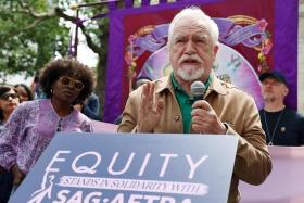 Scottish actor Brian Cox speaks to Equity union members at the rally in London&#039;s  Leicester Square.