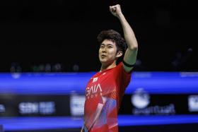 Loh Kean Yew celebrates his semi-final victory against Wang Tzu-wei at the Spain Masters in Madrid on March 30.