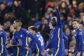 Chelsea&#039;s Romelu Lukaku celebrates scoring their third goal with teammates.