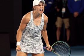 Australia&#039;s Ashleigh Barty celebrating after beating American Danielle Collins in straight sets in the Australian Open women&#039;s singles final in Melbourne on Jan 29, 2022.