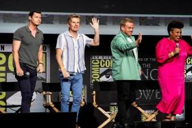Actors Benjamin Walker, Charles Edwards, Owain Arthur and Sophia Nomvete are pictured during the Lord Of The Rings: The Rings Of Power panel at Comic-Con in San Diego.