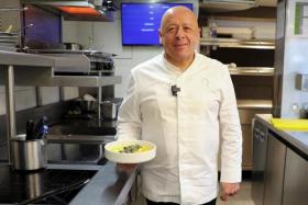French chef Thierry Marx at the Eiffel Tower restaurant Madame Brasserie with a dish that he says is more environment-friendly.