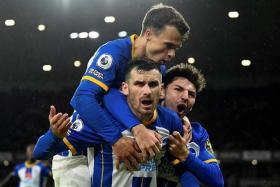 Brighton&#039;s Pascal Gross celebrates scoring their third goal with Solly March and Billy Gilmour.