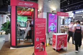 A roving karaoke booth at the Kopitiam food hall in JEM on Nov 11, 2022. The booth will be rotated between five outlets from 11am to 8pm.