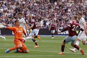 West Ham United&#039;s Jarrod Bowen scores their second goal in the 3-1 Premier League win over Leeds United.