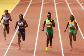 Shanti Pereira (far left) clocked 22.79 seconds to finish sixth in the third semi-final of the 200m at the World Athletics Championships. Jamaica's Shericka Jackson (third from left) won the race in 22.00sec.