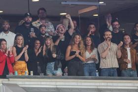 Taylor Swift, actors Ryan Reynolds, Blake Lively and Hugh Jackman celebrate after a Kansas City Chiefs touch down during the first half at MetLife Stadium. 