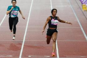 Shanti Pereira taking part in the 100m heats at the Asian Games in 2023. She broke the national records in the 100m and 200m that year.
