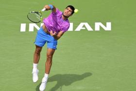 Carlos Alcaraz in his third round match against Felix Auger-Aliassime during the BNP Paribas Open at Indian Wells Tennis Garden. 