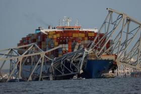 A view of the Dali cargo vessel, which crashed into the Francis Scott Key Bridge, causing it to collapse in Baltimore, Maryland, on March 26.