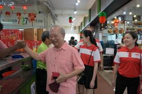 Dr Tan Cheng Bock of the Progress Singapore Party (PSP) greets residents at a walkabout in West Coast GRC, on Jan 27, 2024. 