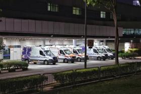 Ambulances as seen at 11.15pm in the ambulance bay of the emergency department at Changi General Hospital.