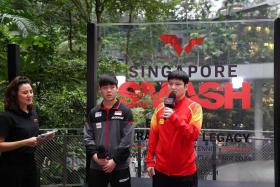 China’s Fan Zhendong (right) and Singapore’s Izaac Quek at the World Table Tennis Singapore Smash draw ceremony at Jewel Changi Airport.