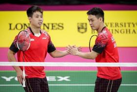 Singapore shuttlers Terry Hee (left) and Loh Kean Hean competing during the 2022 Commonwealth Games on July 29.