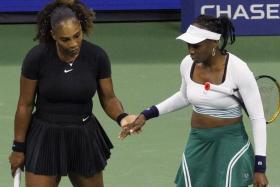 Serena (left) and Venus Williams during the women&#039;s doubles match at the US Open Tennis Championships on Sept 1, 2022.