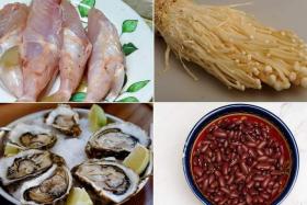 (Clockwise from top left) Pufferfish, enoki mushrooms, kidney beans and oysters are food items you may want to take a little bit extra caution with.