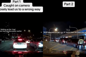 (Left) Facebook user Sage says the car she was in on March 10 was directed to the heavy vehicle lane. (Right) She had to pay RM100 to get her boyfriend’s licence back, she alleges, before being escorted back to the car lane. 