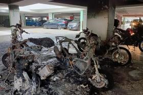 SCDF was alerted at 11.20pm on Jan 26 to the fire at Block 415A Fernvale Link. It involved three motorcycles and was extinguished using a water jet.