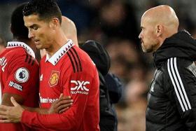 Ronaldo (left) was scathing about the club’s US owners in a recent TV interview, in which he also criticised United manager Erik ten Hag (right)..