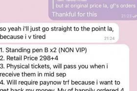 Messages between Ms Tan and the third-party seller who promised two VIP tickets and 15 minutes backstage with the boy band Seventeen for $1,104.