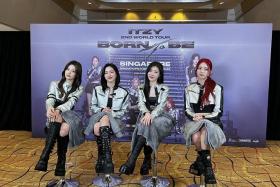 The members of K-pop girl group Itzy (from left) –Yeji, Ryujin, Chaeryeong and Yuna – at the Singapore Indoor Stadium on April 5, 2024, a day prior to their concert. 